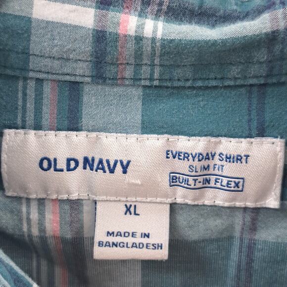 Old Navy‎ Mens Everyday Shirt XL Plaid Slim Fit Built-In Flex Long Sleeve Green - Picture 2 of 6